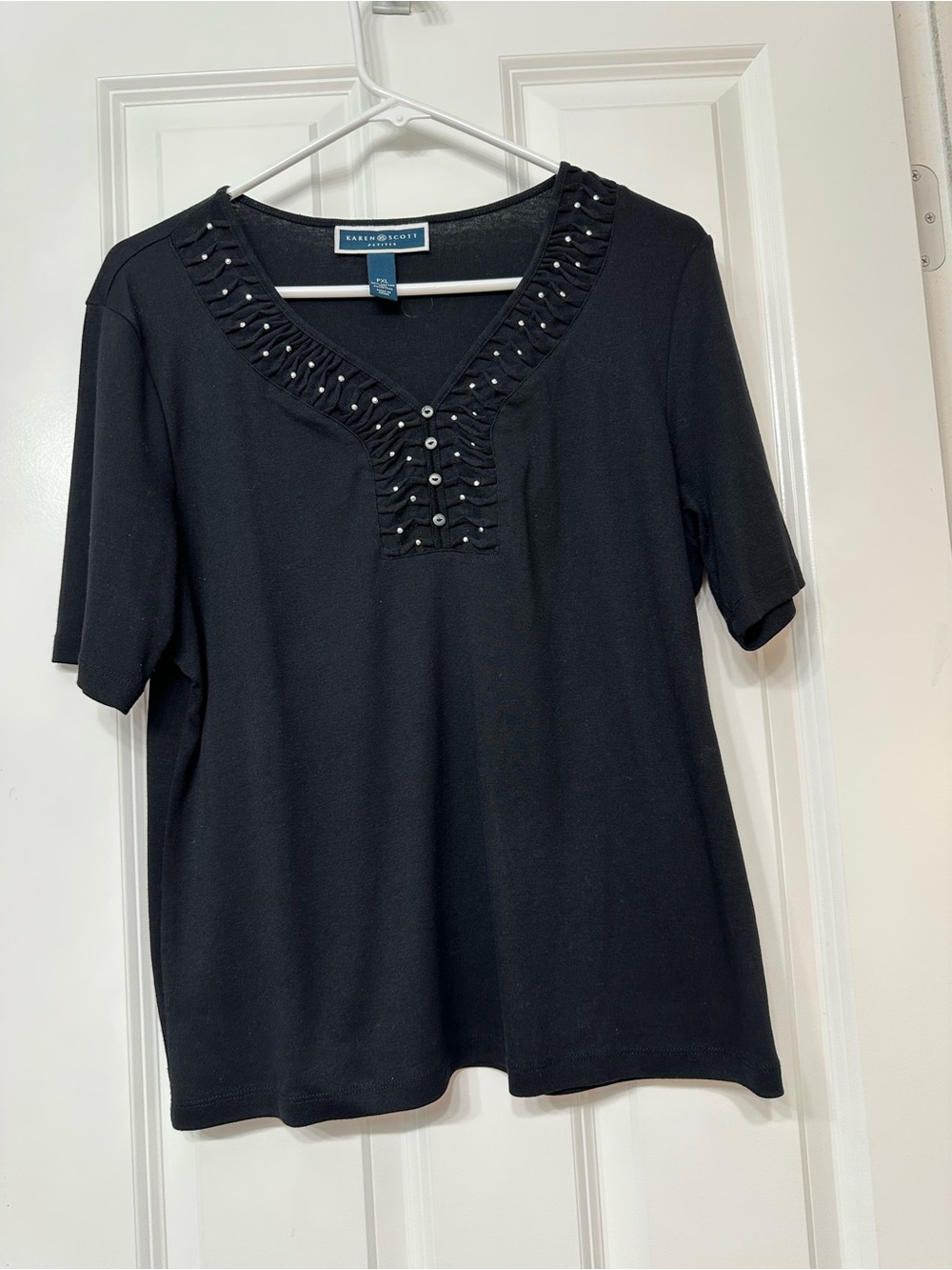 Karen Scott Black Short-Sleeve V-Neck Top with Ruched Trim and Studs